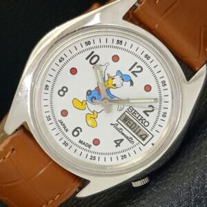 Vintage 1984 Disney Seiko Automatic Mens Silver Watch W/daydate & Donald accents